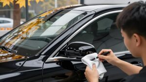 Мастер наносит пленку для антихрома черным глянцем в сентябре при подготовке кузова к осени